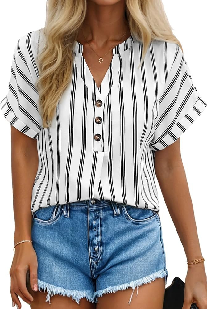 Dokotoo Women’s Summer Short Batwing Sleeve Button Shirts Business Casual Striped Color Block V... | Amazon (US)