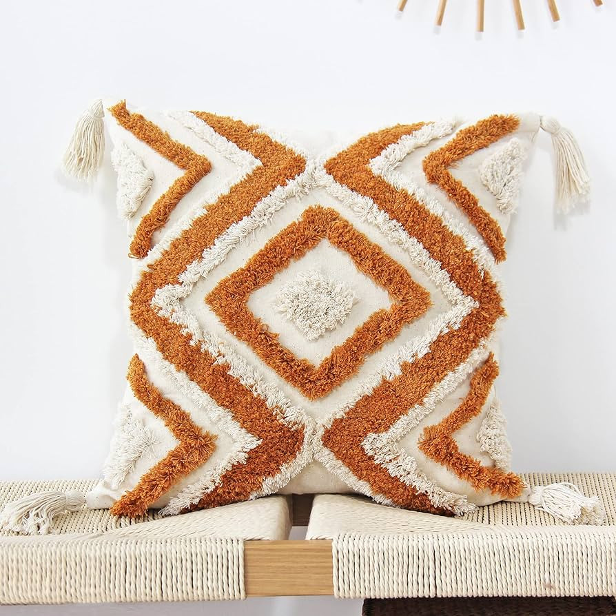 JOJUSIS Boho Throw Pillow Covers with Handmade Tassels Decorative Woven Tufted Orange Pillowcase ... | Amazon (US)
