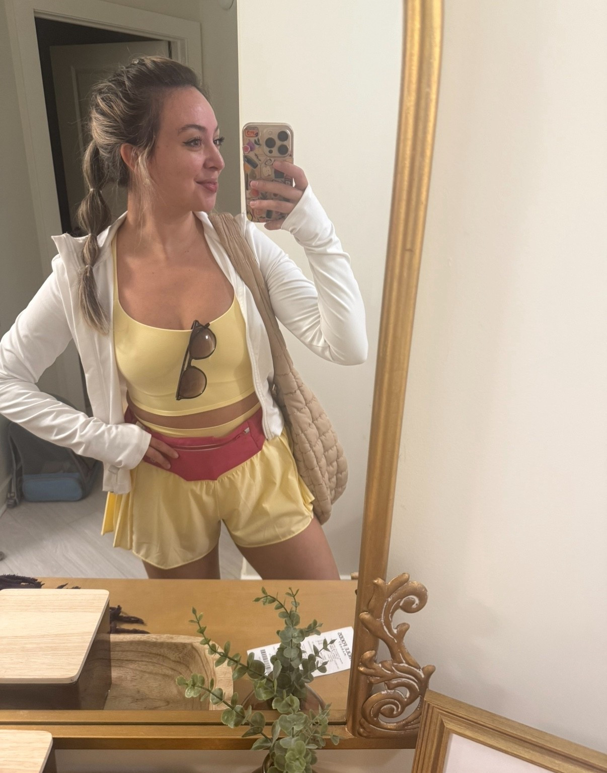 Race day outfit! Butter yellow Set is from aerie, jacket is h&m - I love the thumb holes in these. Sunglasses are Walmart, running belt is lululemon 