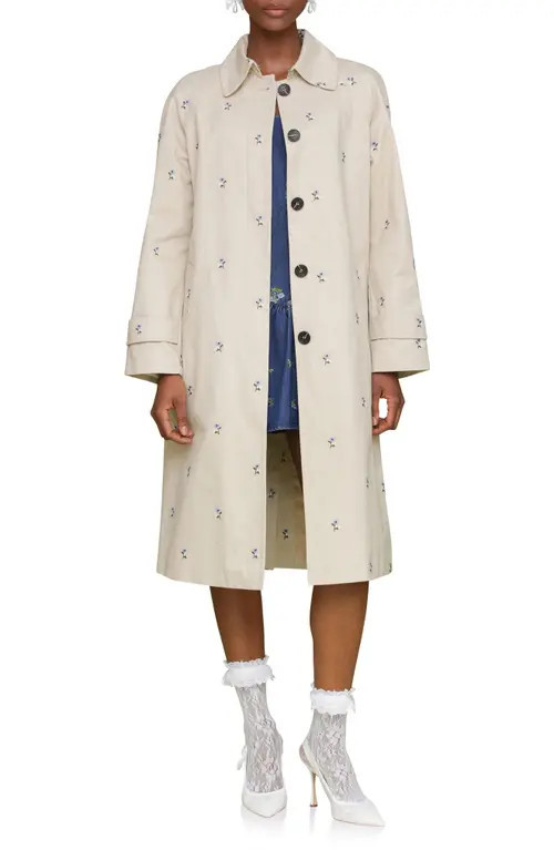 Avec Les Filles Floral Embroidered Trench Coat in Light Khaki/Blue Flower at Nordstrom, Size Large | Nordstrom