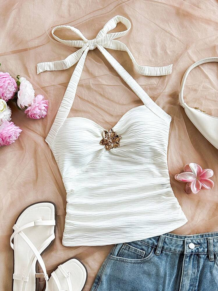 Soleia Plus Size V-Neck Floral Metal Buckle Ribbed Knit Fitted Tank Top, Suitable For Vacation, Music Festival, Boho, Holiday, And Casual Meetups | SHEIN