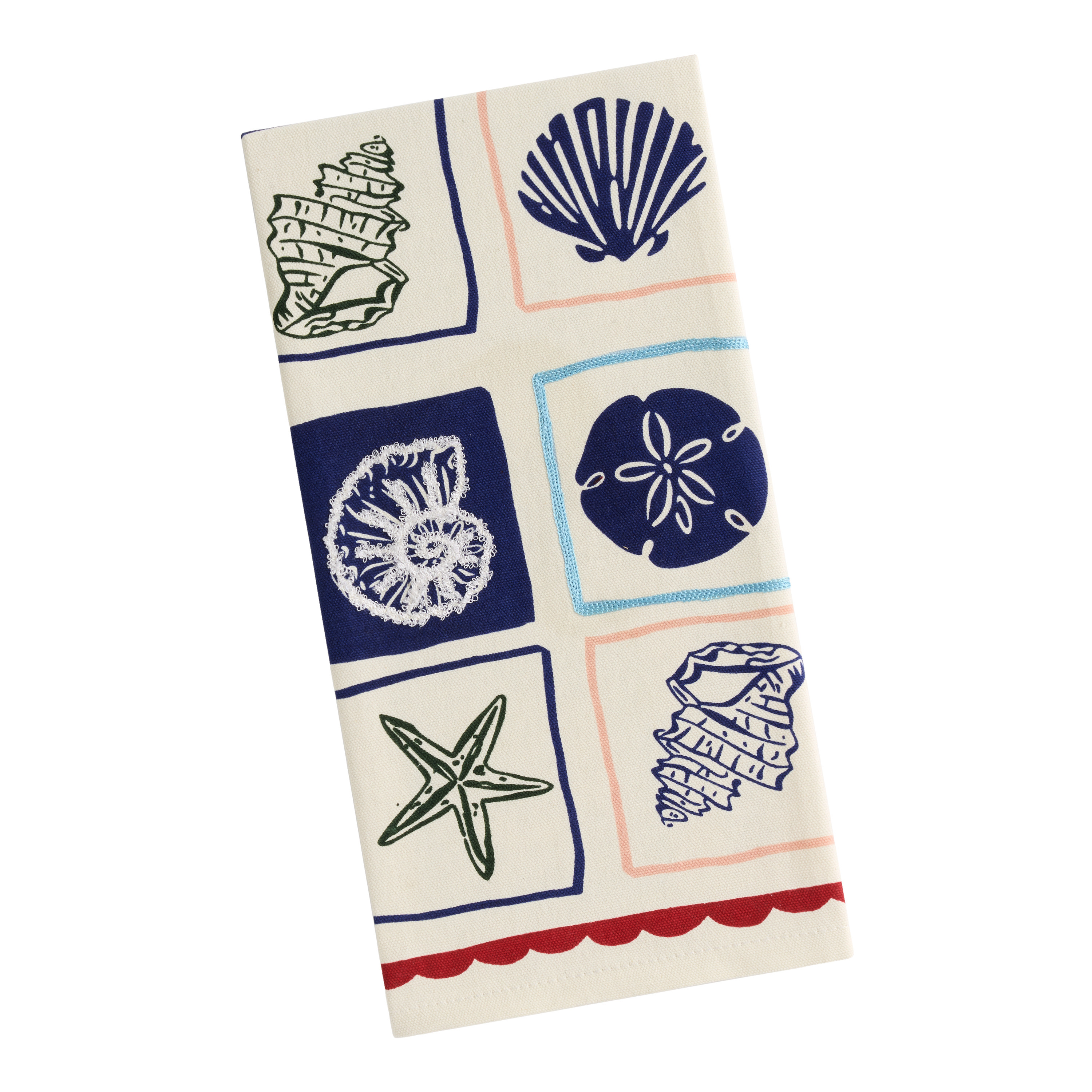 Ivory and Blue Framed Seashell Embroidered Kitchen Towel | World Market