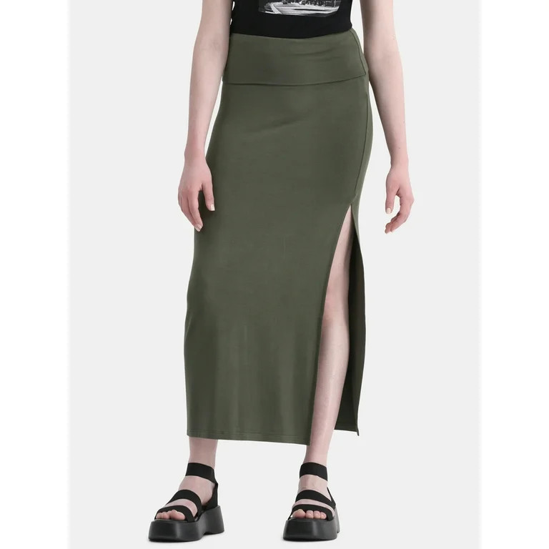 No Boundaries Knit Foldover Slit Maxi Skirt, Women's and Women’s Plus | Walmart (US)