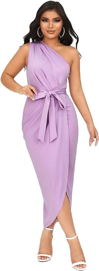 MakeMeChic Women's One Shoulder Dress Sleeveless Ruched Split Wrap Belted Cocktail Midi Dress | Amazon (US)