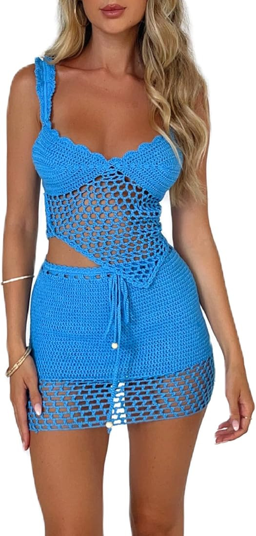 Women 2 Piece Crochet Knit Skirt Set Sleeveless Crop Top Off Shoulder Tube Top Mini Skirt Set Hol... | Amazon (US)