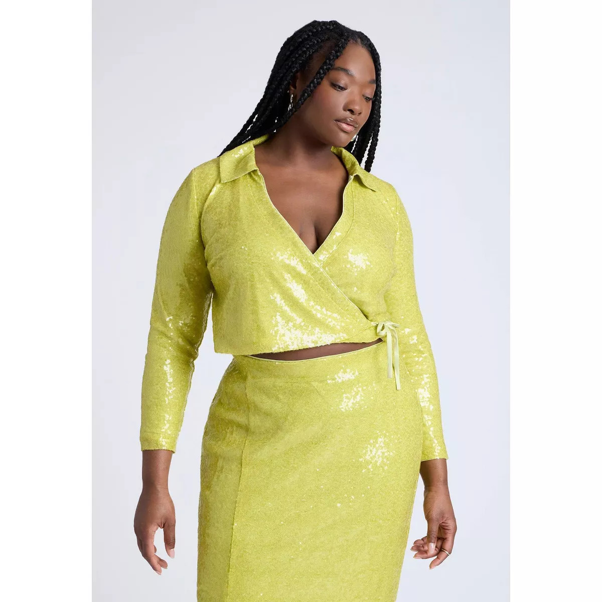ELOQUII Women's Plus Size Sequin Wrap Collared Top - 20, Green Oasis | Target