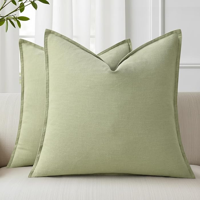 decorUhome Decorative Linen Throw Pillow Covers 18x18 Inch Set of 2 Sage Green Pillow Covers with Flange Edges Soft Farmhouse Boho Accent Pillow Cases for Couch Bed Living Room | Amazon (US)