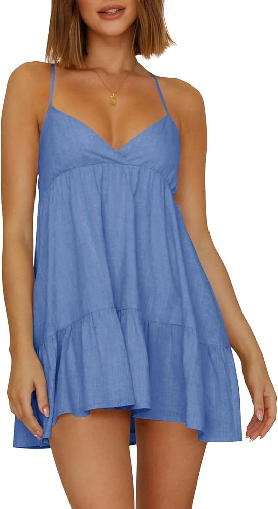 Womens V Neck Crisscross Backless Dresses Tie Back Sleeveless Ruffle Hem Flowy Swing A-Line Vinta... | Amazon (US)