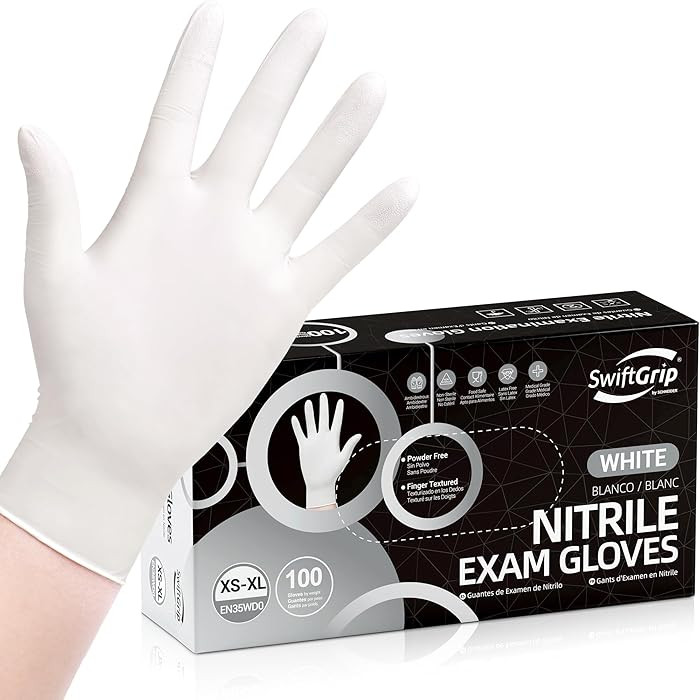 Disposable Nitrile Exam Gloves, 3-mil, Medium, Box of 100, White Nitrile Gloves Disposable Latex ... | Amazon (US)