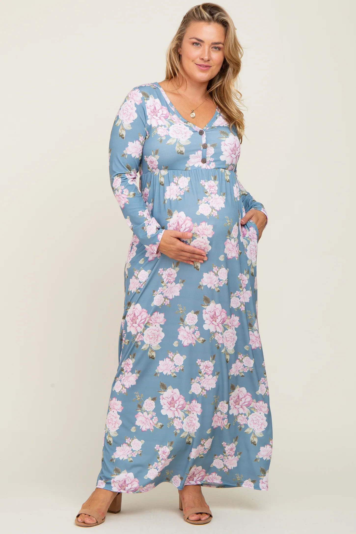 Blue Floral Button Front Maternity Plus Maxi Dress | PinkBlush Maternity