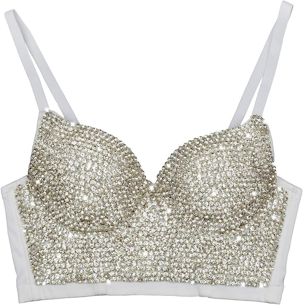 Women's Handmade Rhinestone Diamond Push up Bustier Crop Top Sexy Punk Corset Bra White | Amazon (US)