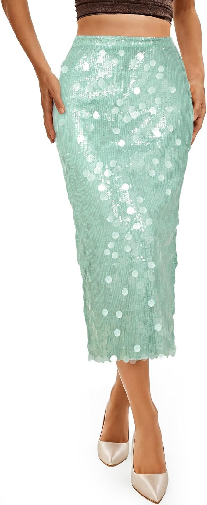 JASGOOD Sequin Skirt for Women Elastic High Waist Midi Skirt Side Slit Stretchy Sparkle Skirts fo... | Amazon (US)