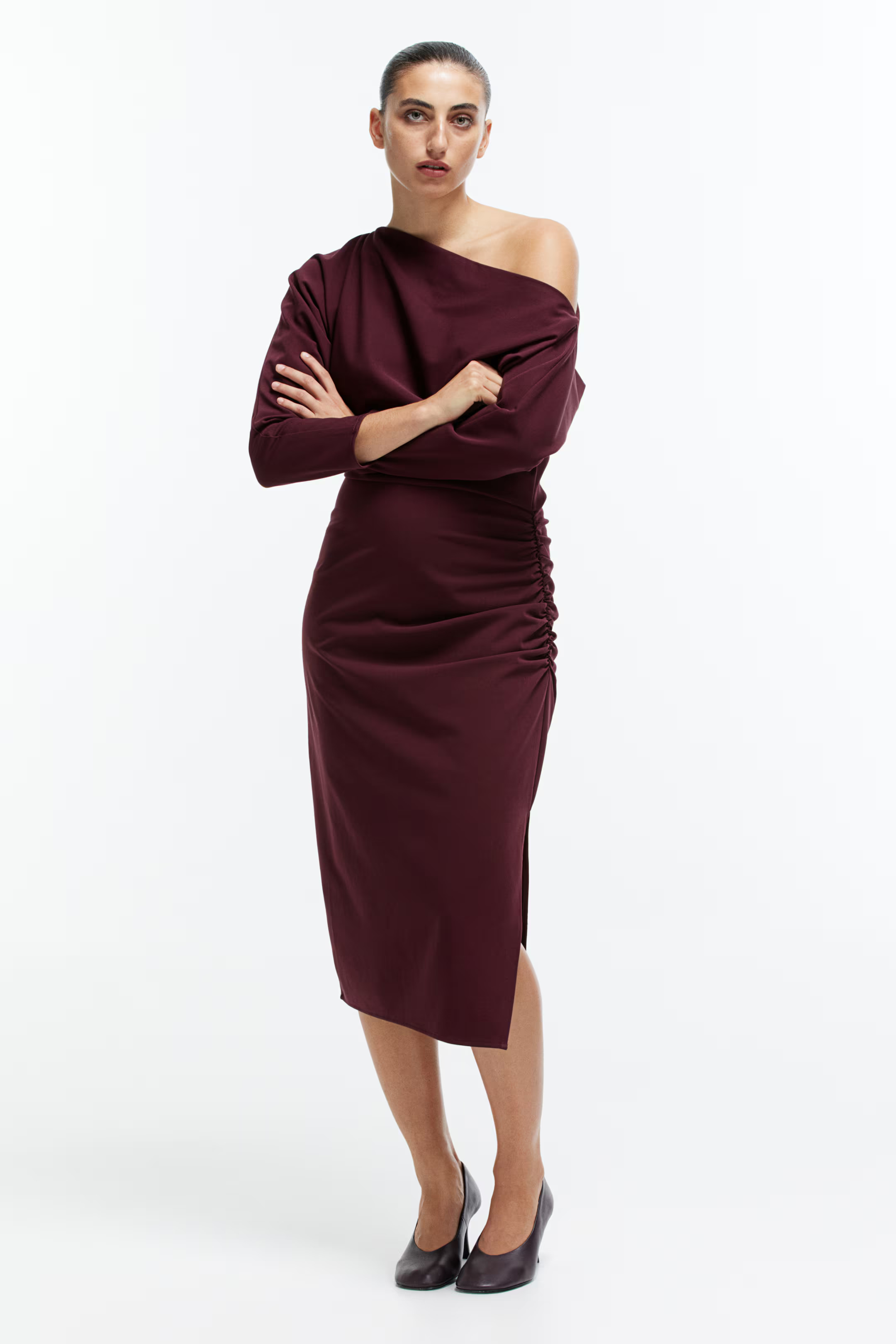 Draped one-shoulder dress - Burgundy - Ladies | H&M GB | H&M (UK, MY, IN, SG, PH, TW, HK)