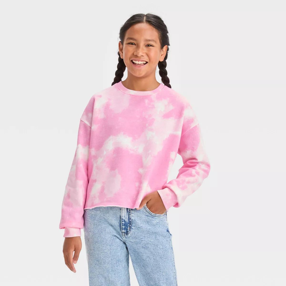 Girls' Tie-Dye Fleece Cropped Crewneck Sweatshirt - art class™ Pink | Target