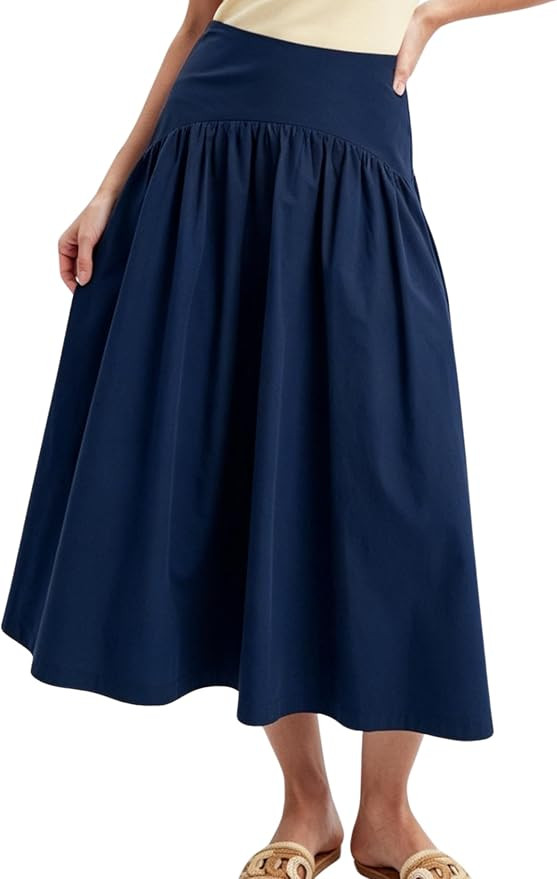 Mannjin Women's Summer Pleated Midi Skirt Drop Waist Smocked Back Waist Zip | Amazon (US)
