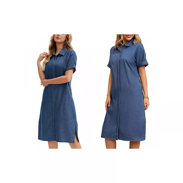 Women's Midi Denim Dress Summer Short Sleeve Button Down Casual Loose Long Tunic Jean Shirt Dress | Kohl's
