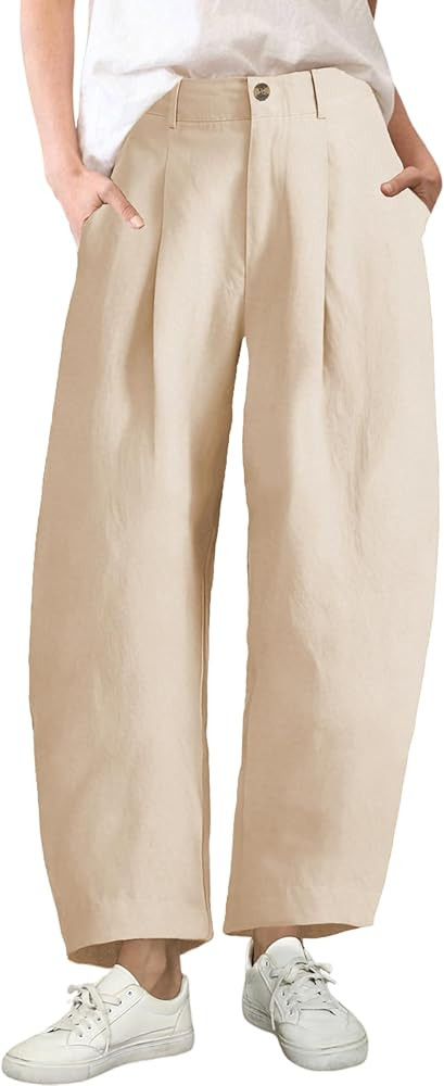 Himosyber Womens Linen Pants Barrel Wide Leg Capri Pants Casual Baggy High Waisted Summer Beach P... | Amazon (US)