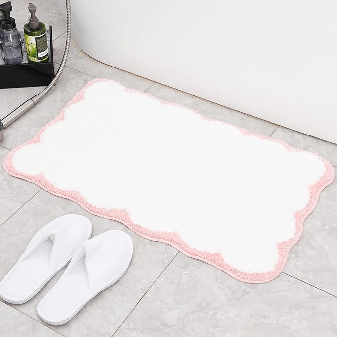 Ohocut Luxury Microfiber Bathroom Rugs, White Bath Rug with Pink Scalloped Piping Bath Mat for Ba... | Amazon (US)