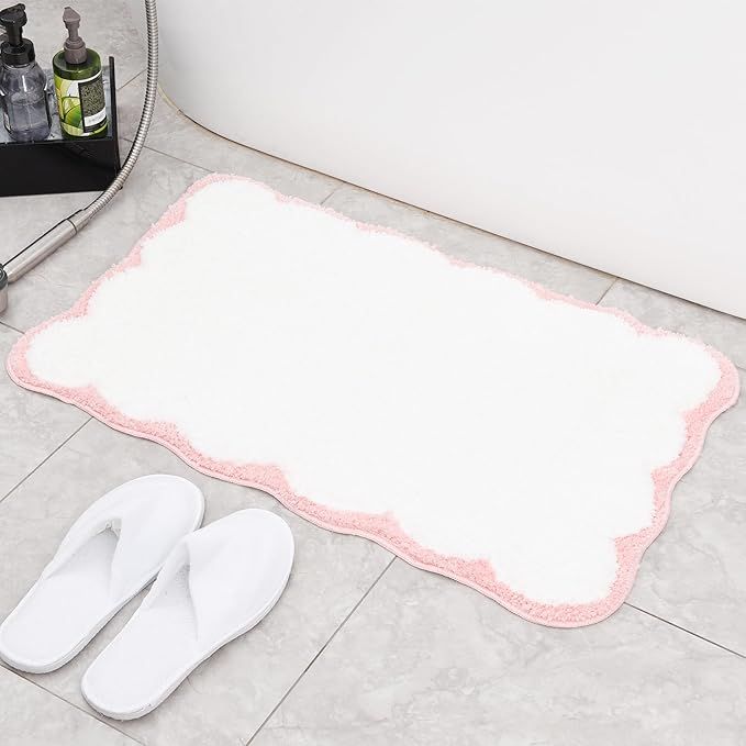 Ohocut Luxury Microfiber Bathroom Rugs, White Bath Rug with Pink Scalloped Piping Bath Mat for Ba... | Amazon (US)