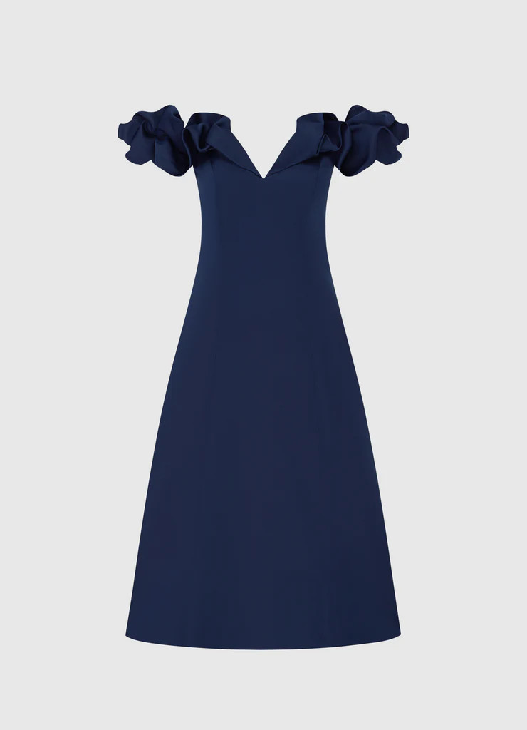 Annie Off Shoulder Frill Midi Dress - Navy | LEO LIN