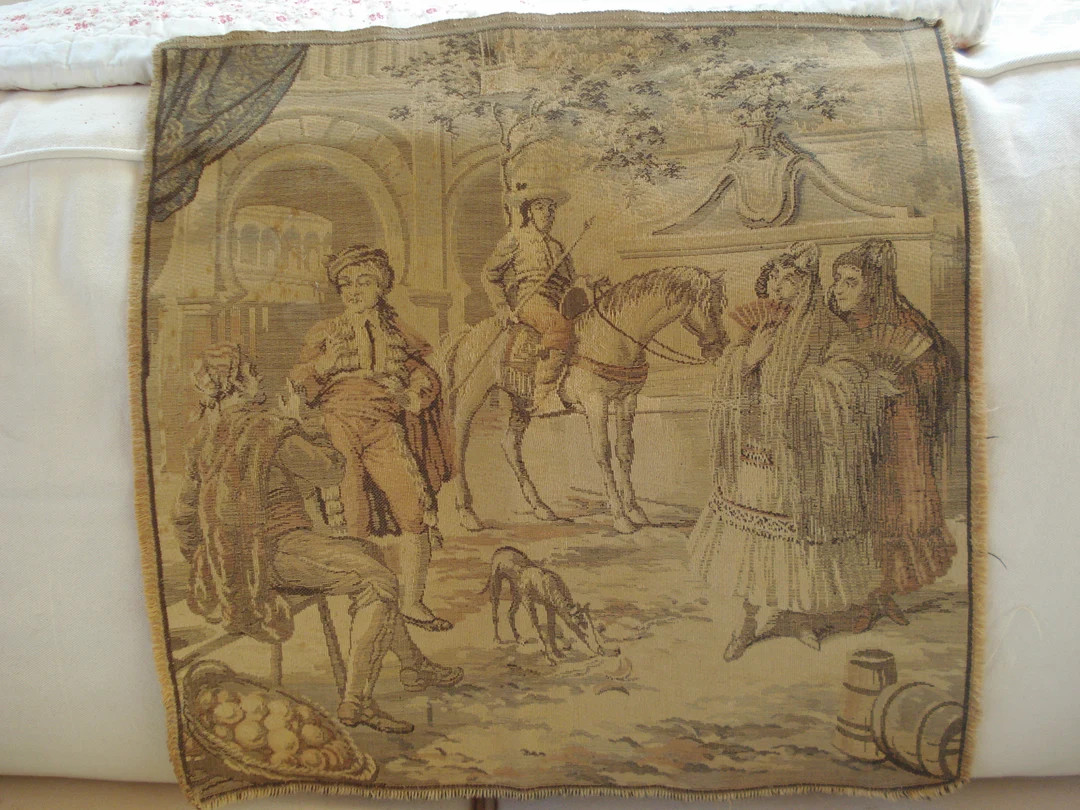 Vintage Large French Tapestry Men Horses Anteater Women Courtyard Fruit Basket Unframed Pillow Co... | Etsy (US)