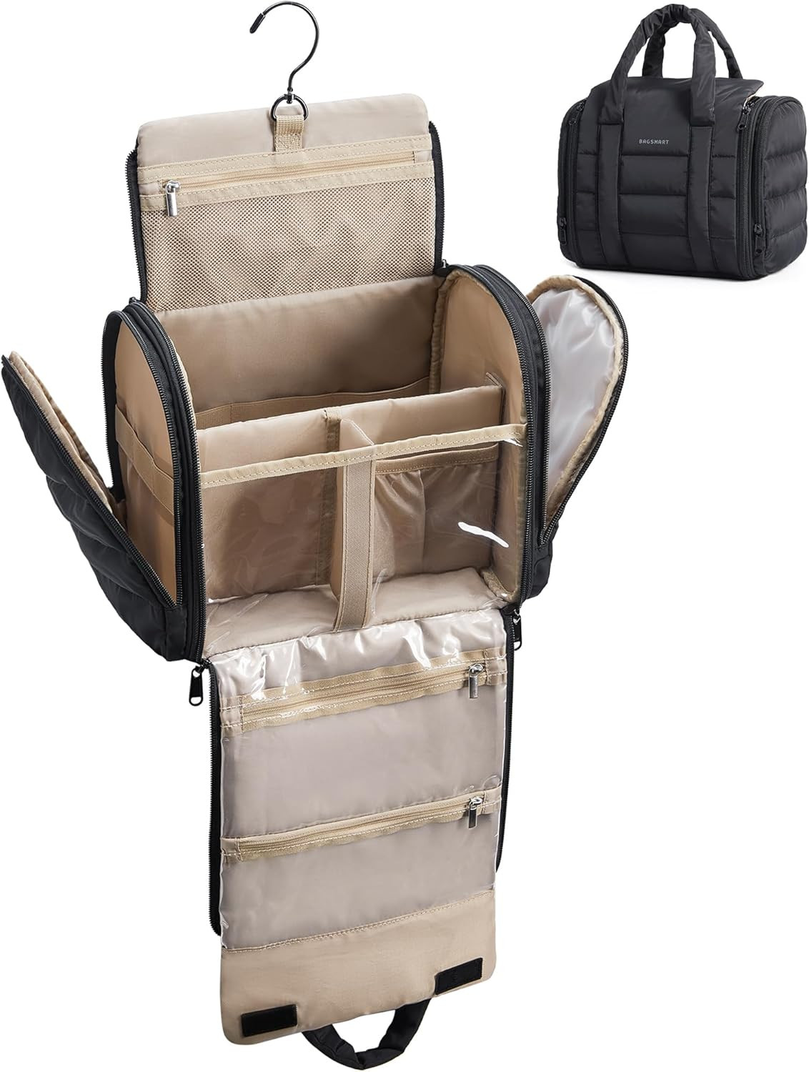 BAGSMART Travel Toiletry Bag with Removable Partition, Puffy Water-resistant Fabric Hanging Organ... | Amazon (US)