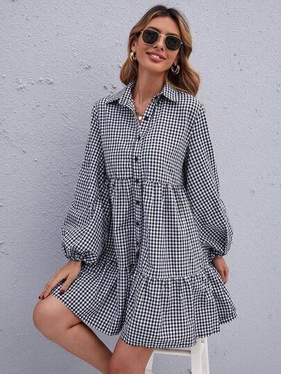 EMERY ROSE Gingham Bishop Sleeve Ruffle Hem Smock Dress | SHEIN
