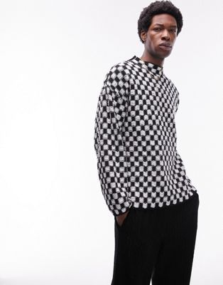 Topman heavyweight checkerboard sweater in black & white | ASOS (Global)