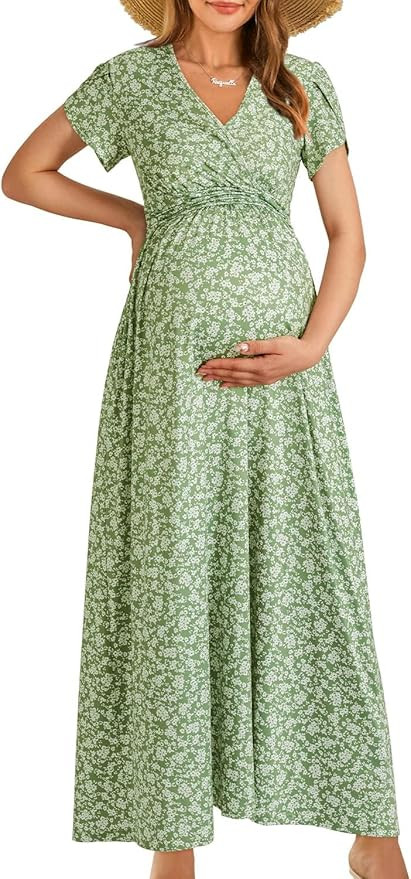 OUGES Maternity Maxi Dress Wrap V Neck Baby Shower Pregnancy Dresses for Photoshoot | Amazon (US)