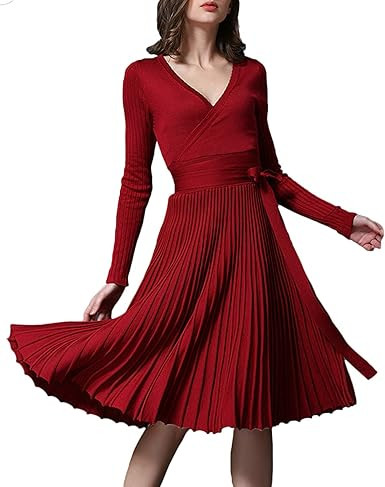 Women V Neck Long Sleeve Mock Wrap Fit Flare Belted Knit Sweater Dress | Amazon (US)