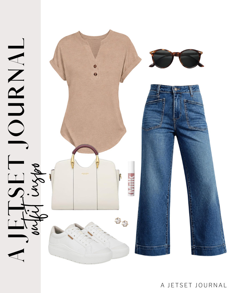 This look gives you a basic styling method for coffee runs. Start with Cicy Bell's wide-leg jeans and a khaki ANRABESS Henley top. Wear Dr. Scholl's sneakers, grab your Cnoles satchel bag, and slide on SOJOS retro sunglasses, and you’re good to go.

#LTKSeasonal #LTKSaleAlert #LTKTravel
 

 
