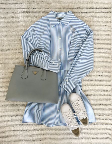 Smart casual outfit with button down dress paired with sneakers and accessories for a chic look. Perfect outfit for early fall, date night and more! 

#LTKstyletip #LTKSeasonal
