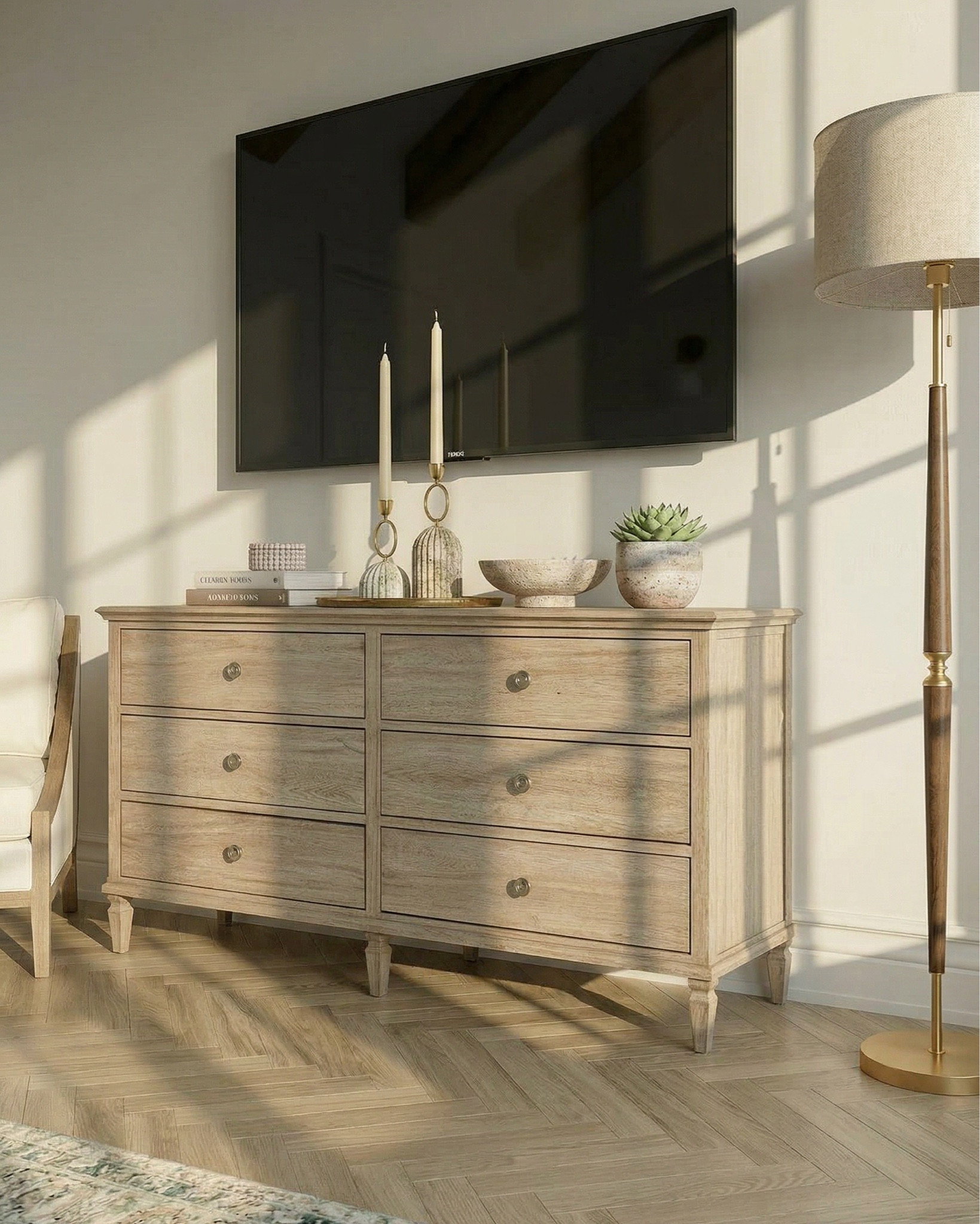 Upholstered bed with wood frame
Wood Nightstands 
6-drawer wood dresser 
Wood upholstered Accent chair 
Upholstered white bench
Mid-century style chandelier (brass + globe bulbs)
Wall sconces
Ceramic Table lamps
 artwork 
Decorative mirror (arched, gold frame)
Area beige rug vintage-style, muted tones
Brown Throw blanket (chunky knit)
Floral Decorative pillows
Candlesticks
Decorative brass trays
Small decor bowls
Decor Books 
Sculptural decor objects
White ceramic Vases with greenery/branches
Brass floor lamp


#LTKHome #LTKSaleAlert