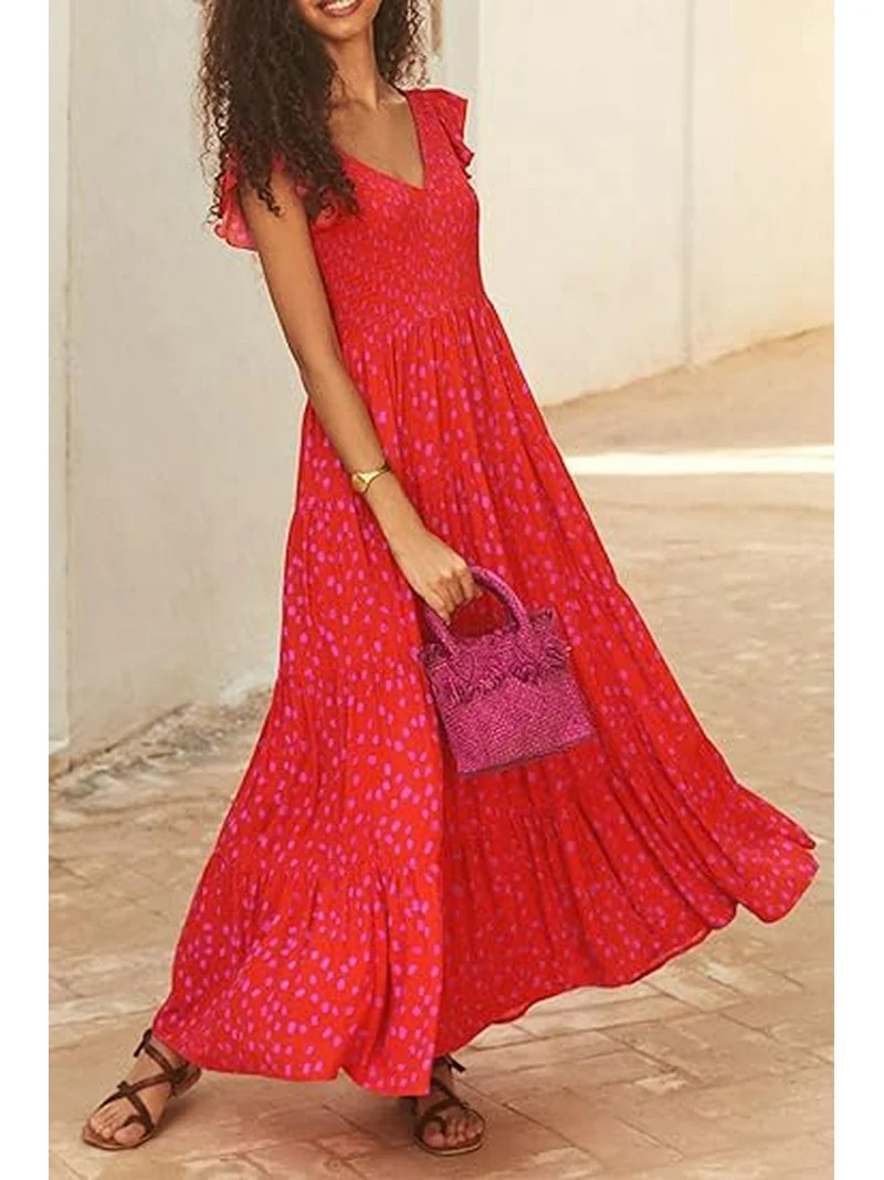 PRETTYGARDEN Women's Summer Flowy Maxi Dress Casual Cap Sleeve V Neck Smocked Beach Sundress | Walmart (US)