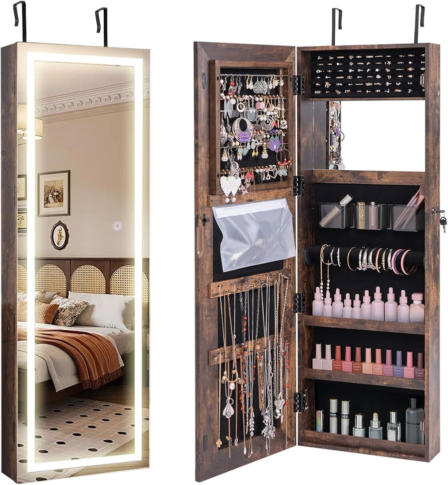 CHARMAID LED Mirror Jewelry Cabinet, 47.2'' Jewelry Armoire with Adjustable Lighted Full Length M... | Amazon (US)