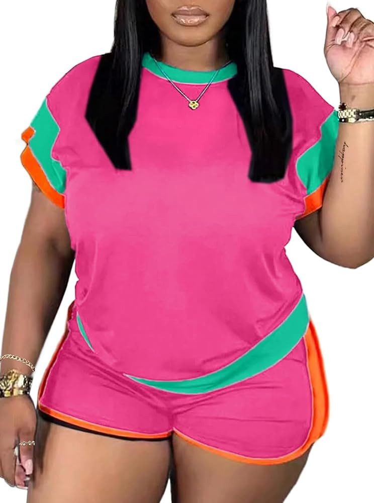 LovelyWholesale Women 2 Piece Outfits Color Block T Shirt with Shorts Set Summer Tracksuit | Amazon (US)