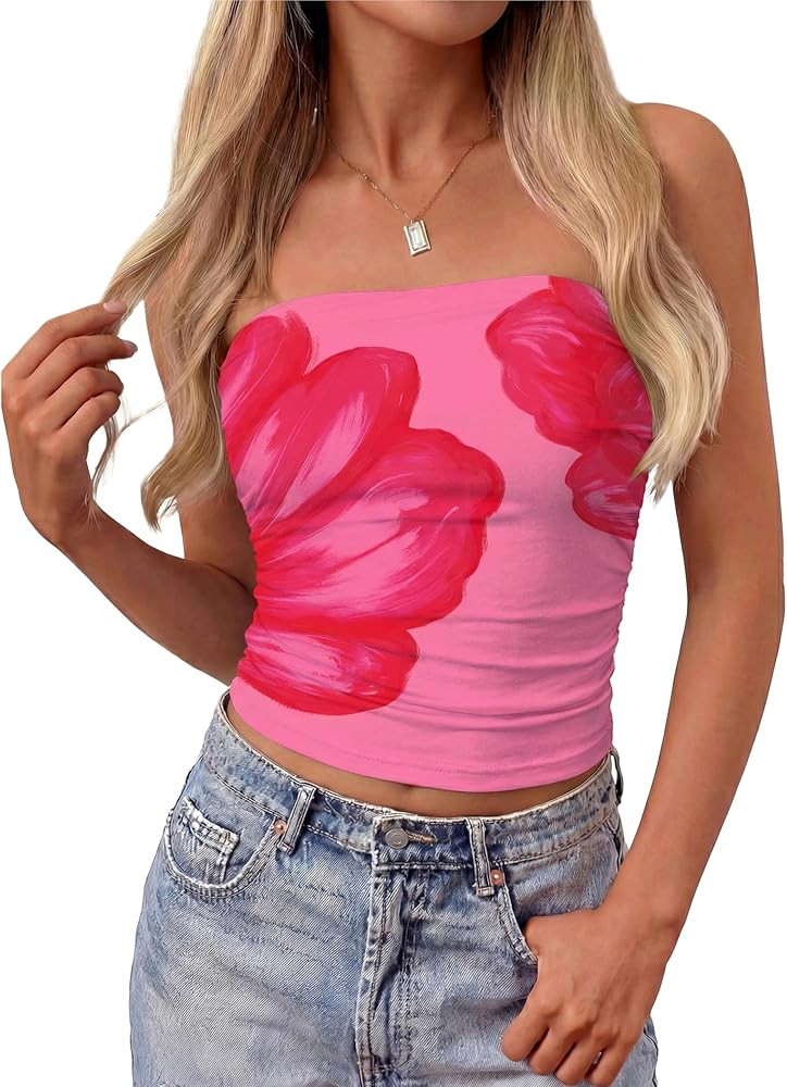 MASCOMODA Women Floral Tube Top Summer 2026 Cute Strapless Crop Mesh Going Out Tops Y2K Ruched Ba... | Amazon (US)