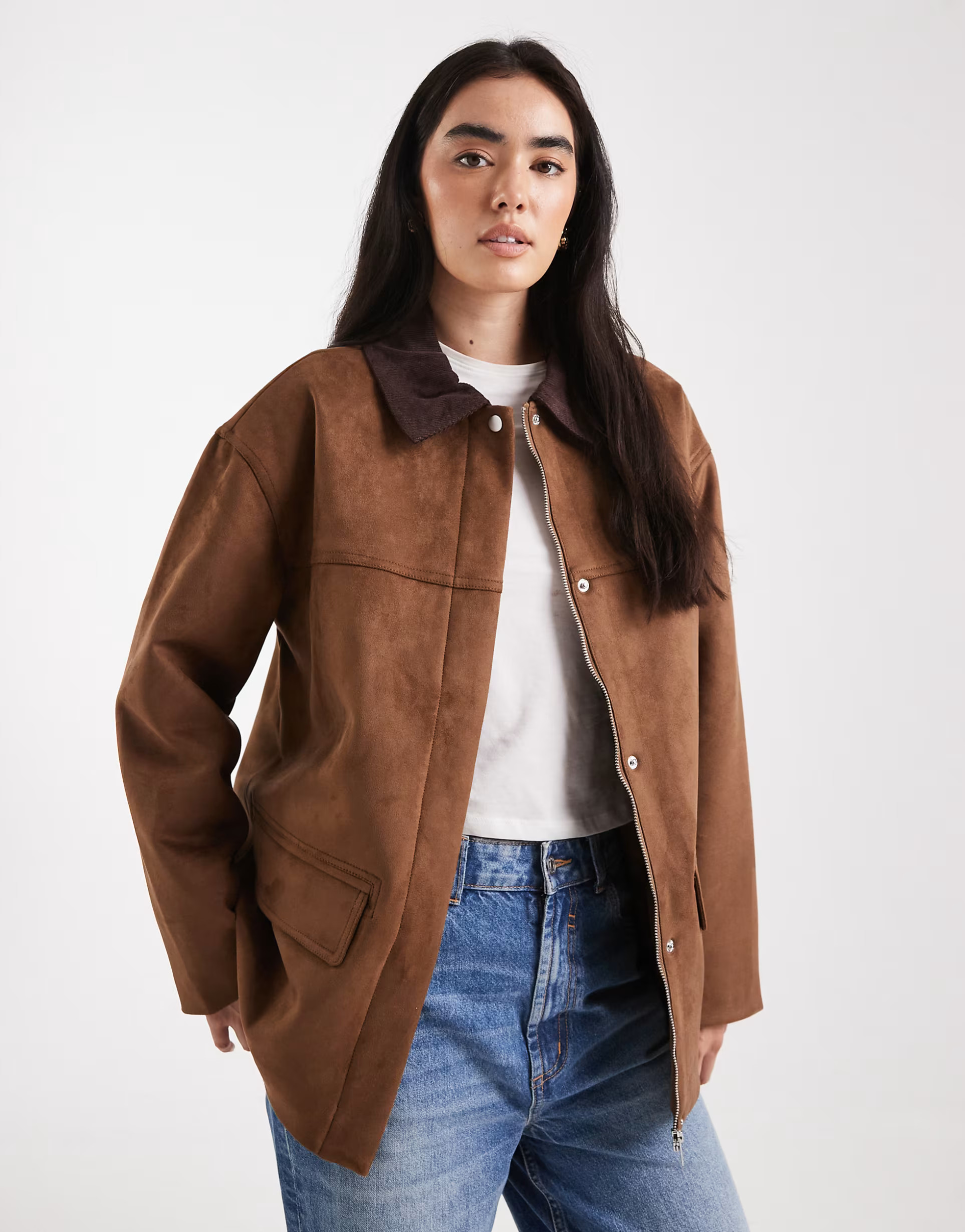 4th & Reckless faux suede contrast collar barn jacket in brown | ASOS (Global)