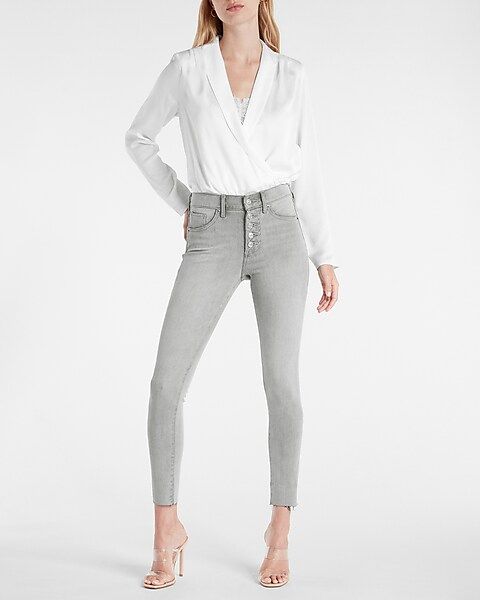 Mid Rise Gray Extra Supersoft Button Fly Skinny Jeans | Express