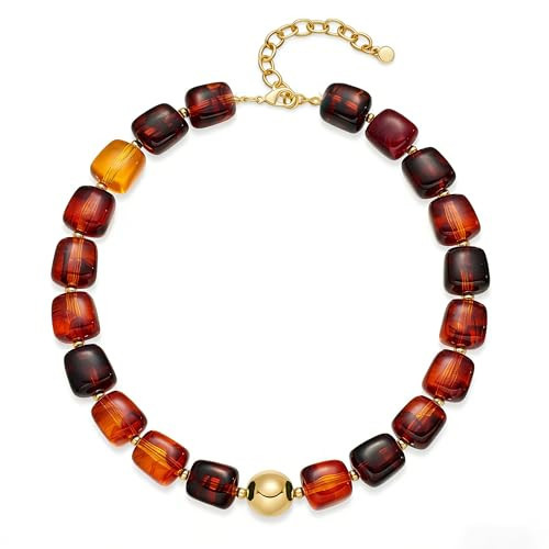 WOWORAMA Brown Chunky Necklaces for Women Vintage Large Square Resin Beads Necklace Trendy Statement Chunky Choker Necklaces Vintage Y2k Boho Jewelry | Amazon (US)