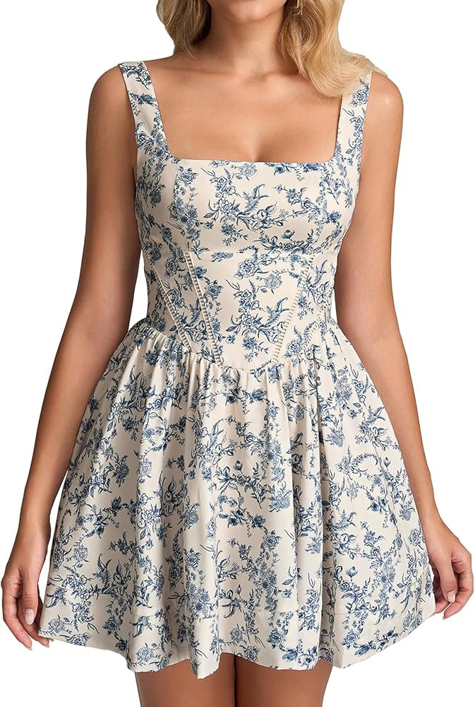 KUTUMAI Floral Corset Mini Dress Square Neck Flowy A Line Cute Graduation Short Dresses for Women... | Amazon (US)