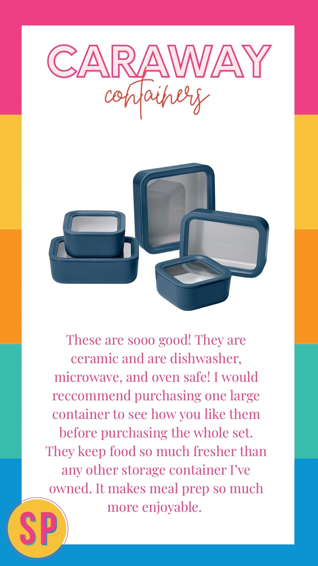 These @Caraway food storage containers are sooo good! They are ceramic and are dishwasher, microwave, and oven safe! I would recommend purchasing one large container to see how you like them before purchasing the whole set.

They keep food so much fresher than any other storage container I've owned. It makes meal prep so much more enjoyable.

Meal prep storage, ceramic food storage, meal prep, cookware, smiles and pearls