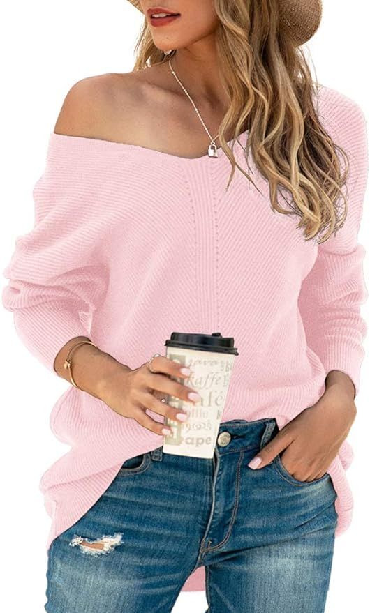 Iandroiy Women's Batwing Sleeve Dolman Ribbed Knit Sweaters Oversized V-Neck Pullover Tops | Amazon (US)