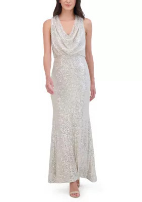Eliza J Women's Sleeveless Cowl Neck Sequin Gown, Silver, 4 | Belk
