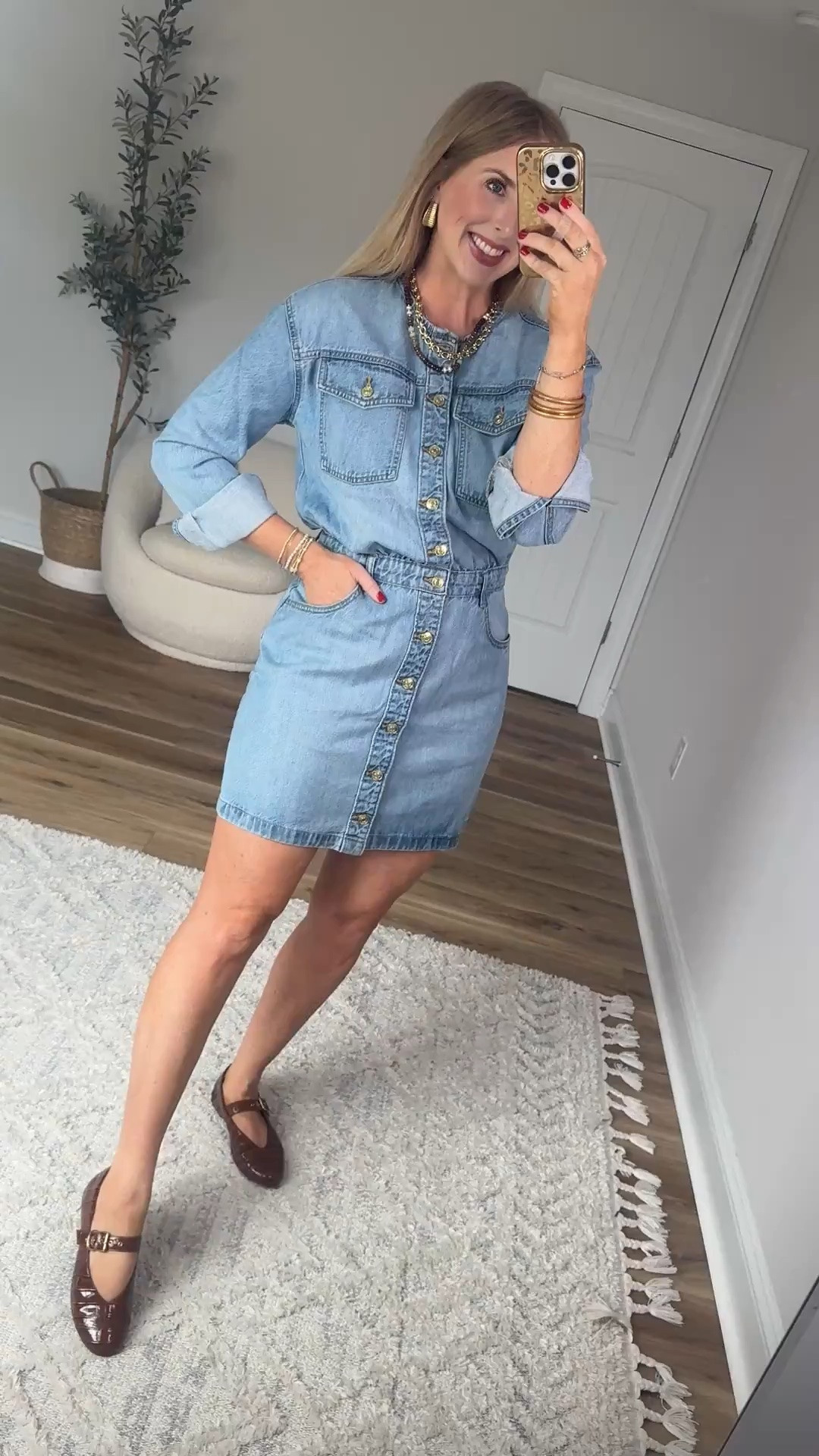Love this denim mini dress with gold button from Walmart!
