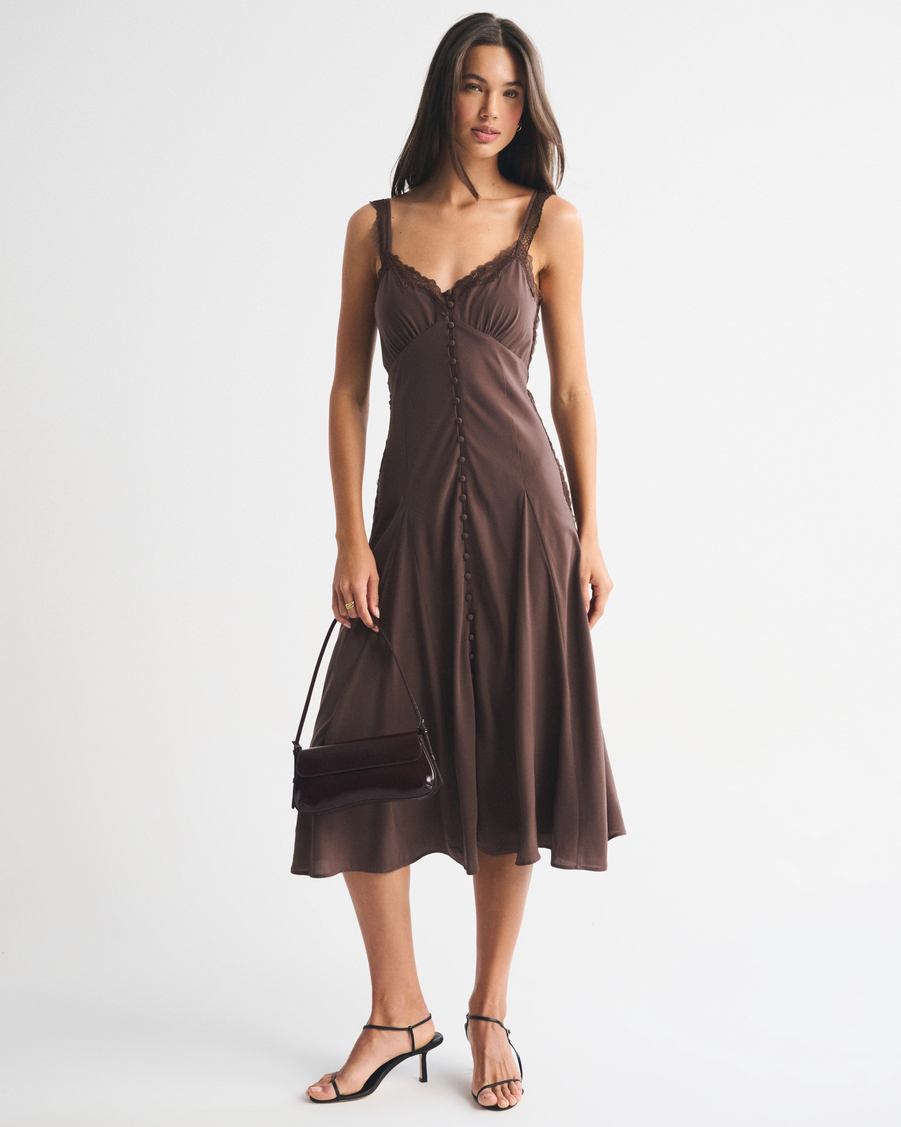 Bra-Free Lace-Trim Button-Through Midi Dress | Abercrombie & Fitch (US)