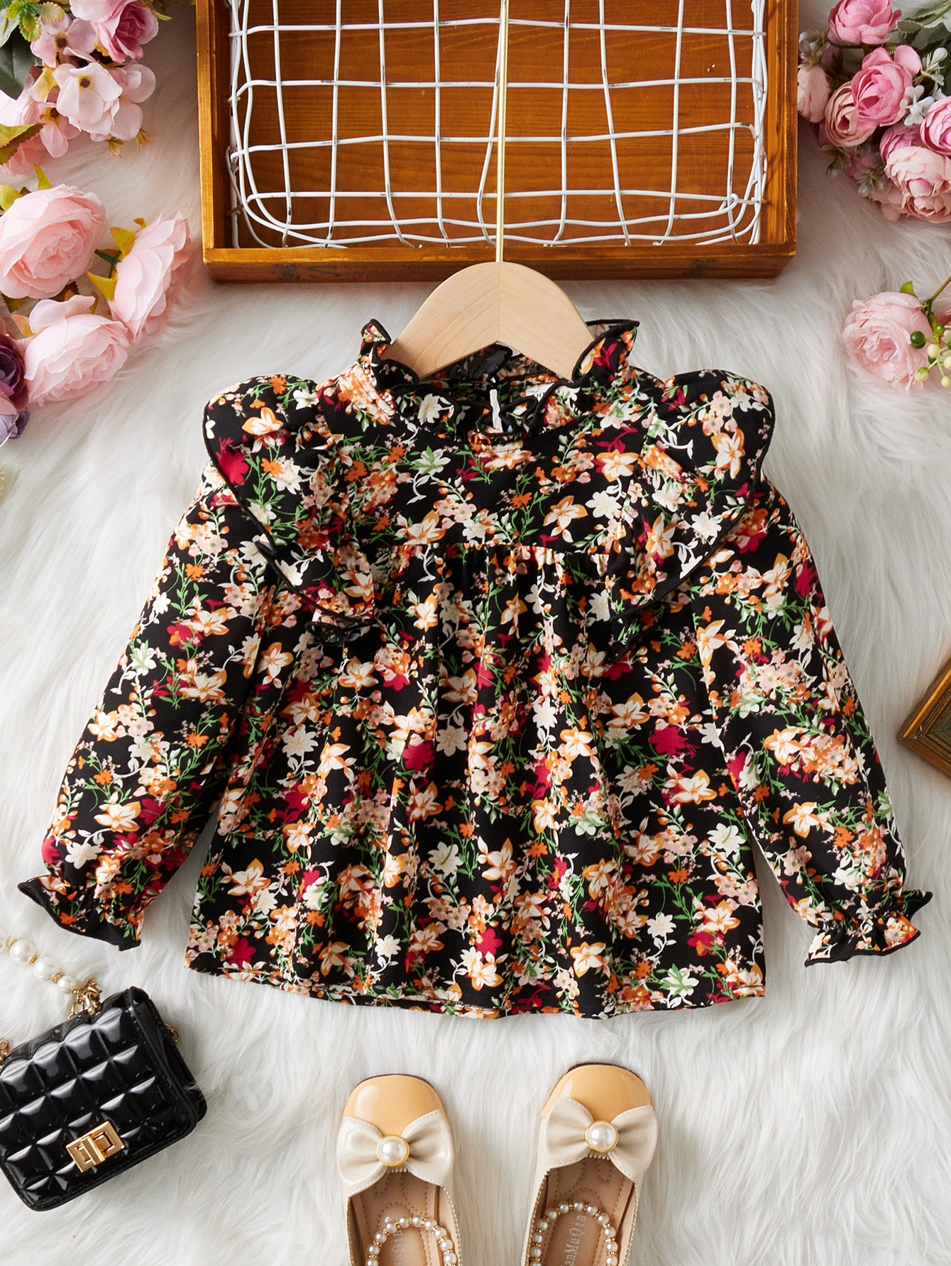 TrendsSHEIN Toddler Girls Floral Print Ruffle Trim Blouse | SHEIN