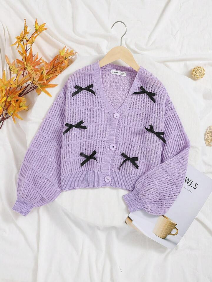 SHEIN Kids Cooltwn Tween Girl Bow Front Lantern Sleeve Cardigan | SHEIN