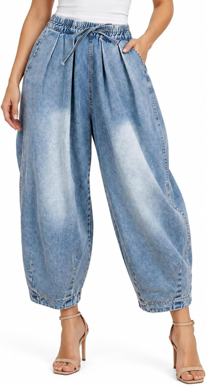 UQJE Women's Wide Leg Baggy Jeans Plus Size Loose Elastic Waist Denim Pants with Deep Pockets Light Blue | Amazon (US)