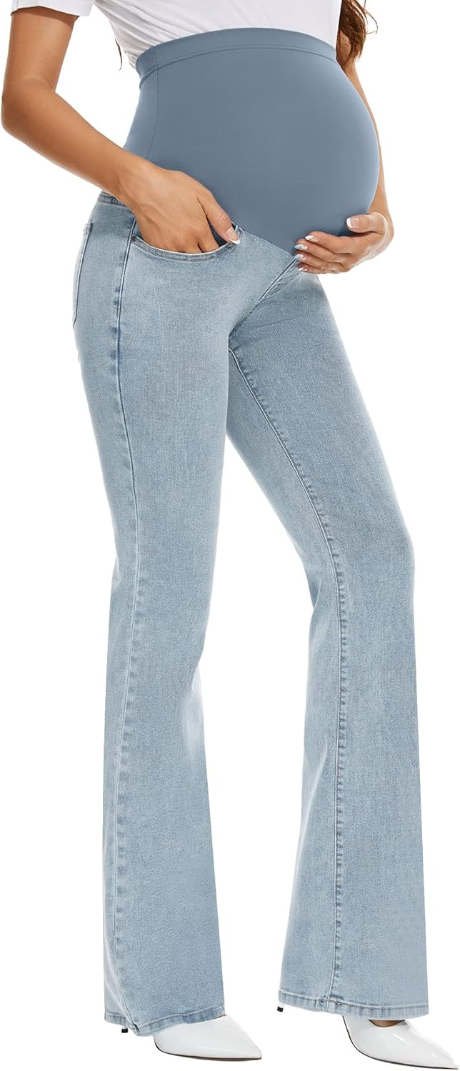 GLAMIX Women's Stretch Maternity Bootcut Jeans with Pockets Over The Belly Bell Bottoms Flare Den... | Amazon (US)